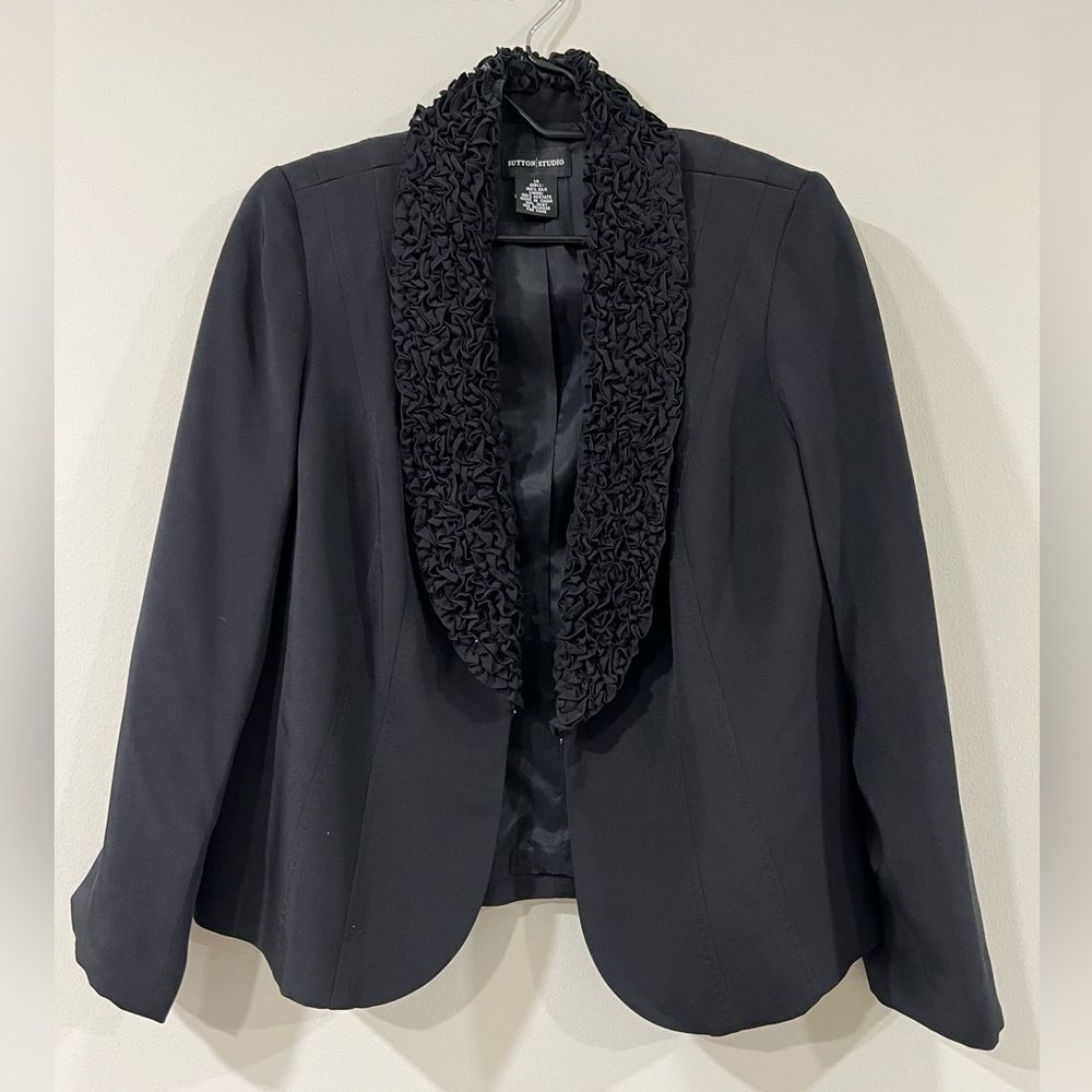 Sutton Studio 100% Silk Black Ruffle Collar Open Front Blazer Jacket Size 14